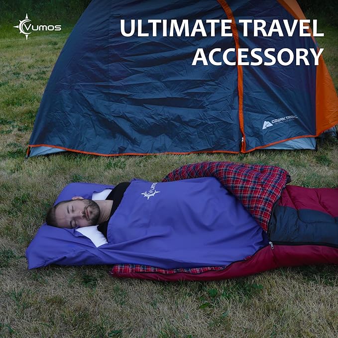 Sleeping Bag Liner Travel Sheet with Full-Length Zipper, Lightweight Silk-Like Polyester Camping Liner with Pillow Pocket, Compact Sleeping Bag Insert for Travel, Backpacking & Hostels