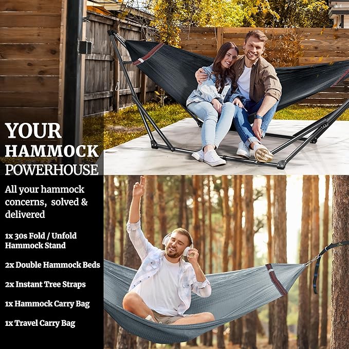 Tranquillo Combo x2 Hammocks with Stand for Outside & Tree Straps, Heavy Duty Hammock with Stand 600lbs for Indoor Outdoor Patio Backyard, x2 Hammocks for 2 Person (Combo - Black, Medium)