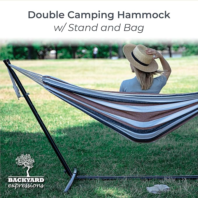 Backyard Expressions Double Camping Hammock with Steel Stand & Carrying Bag, Adjustable Height, Ultra Soft Cotton Blend, 550 lb Capacity, Indoor & Outdoor Portable Hammock