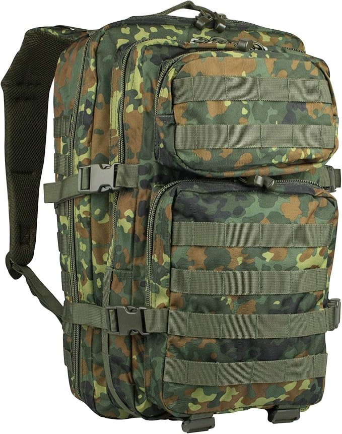 Mil-Tec Unisex Assault Pack - Rugged Durable Lightweight Ergonomic Versatile Tactical Outdoor Camping Hiking Backpack with Adjustable Padded Shoulder Straps & MOLLE Loops, Flecktarn Camo, 36L