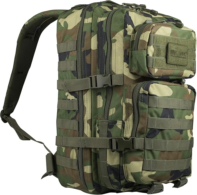 Mil-Tec Unisex Assault Pack - Rugged Durable Lightweight Ergonomic Versatile Tactical Outdoor Camping Hiking Backpack with Adjustable Padded Shoulder Straps & MOLLE Loops, Woodland Camo, 36L
