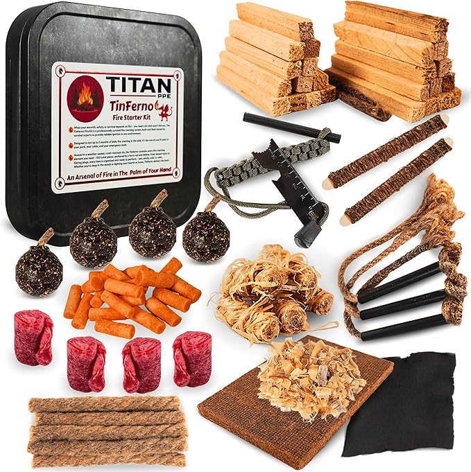 TinFerno Fire Starting Kit – 100pc Fire Starter for Campfires, Ferro Rod, Magnesium Flint, Char Cloth, Fatwood, Fire Kit, Hemp Wick, Camping, Bushcraft & Survival - Emergency Fire Starter Kit