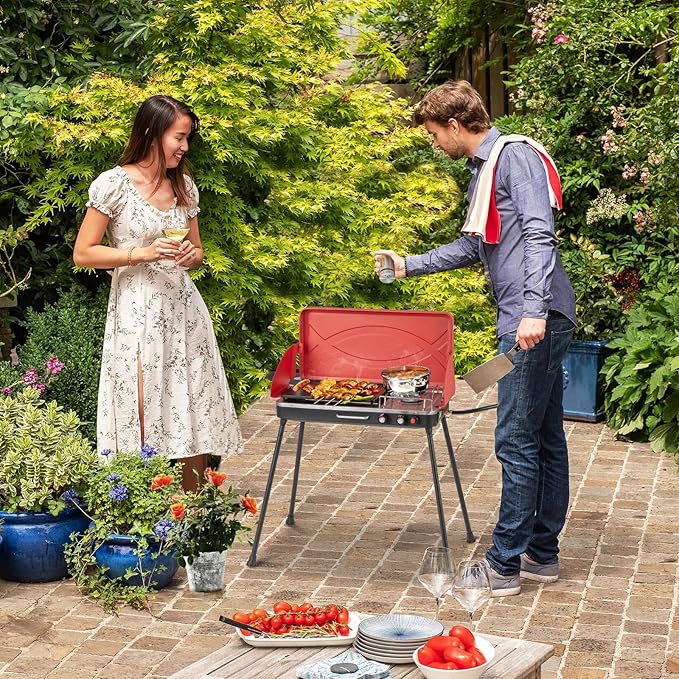 Giantex Portable Propane Grill & Camping Stove, 20,000 BTU Gas Camping Grill Burner, Independent Temperature Control, 3-Sided Wind Guard, Detachable Legs, for BBQ, Tailgating, Outdoor Cooking (Red)