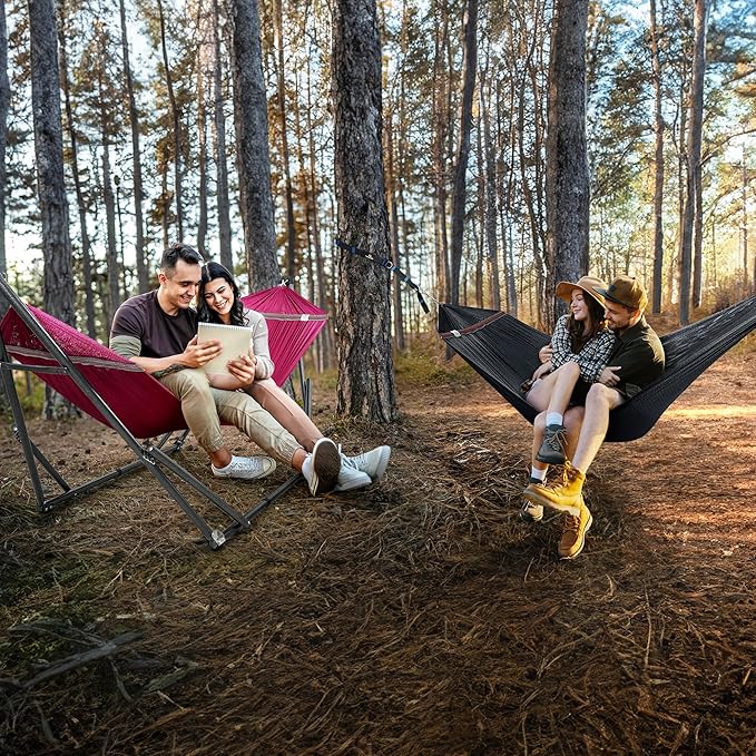 Tranquillo Combo x2 Hammocks with Stand for Outside & Tree Straps, Heavy Duty Hammock with Stand 600lbs for Indoor Outdoor Patio Backyard, x2 Hammocks for 2 Person (Combo - Red, Medium)