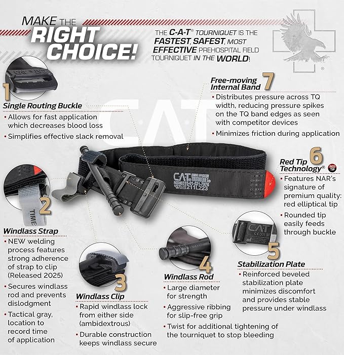 North American Rescue C-A-T Combat Application Tourniquet (Black) NAR Genuine Gen 7 CAT Gray Time-Stamped Military Issued (30-0001)