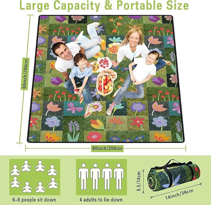 Supfitness Extra Large Picnic Blankets Waterproof Foldable (80 "x 80") Beach Blanket Waterproof Sandproof,3-Layer Thicking Mat Outdoor Packable Camping Blanket