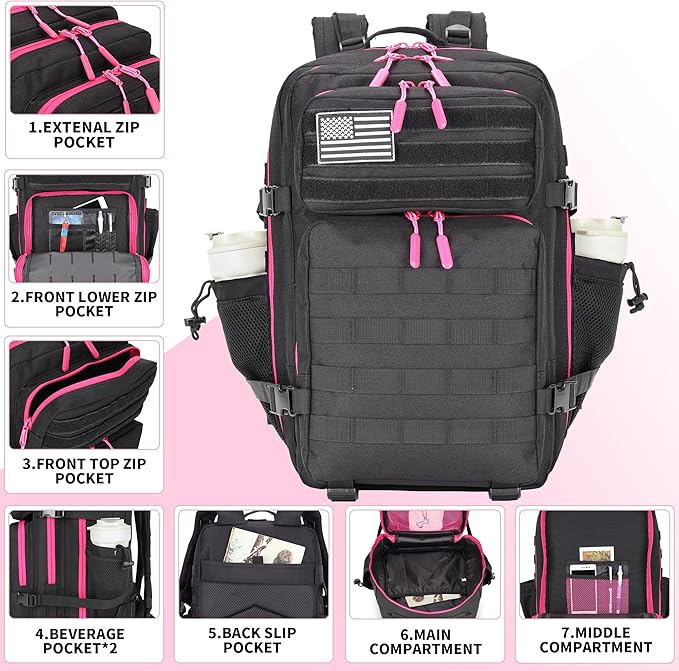Lovelinks21 45L Tactical Assault Backpack 3 day assault pack with Molle Waterproof backpack Rucksack for Tactical Backpacks (Black Rose)