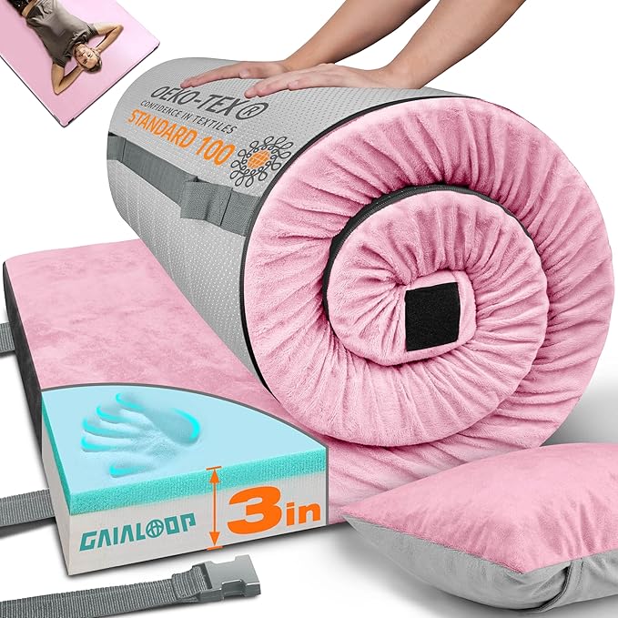 GAIALOOP 3 Inch Memory Foam Camping Mattress, Dual Layer Thick Sleeping Camp Pad for Car Tent Cot, Roll-Up Portable Glamping Floor Bed for Guests Sleepover