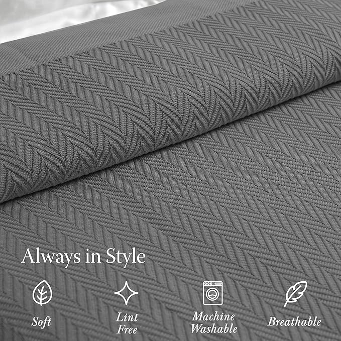 Threadmill Luxury Cotton Blankets for Queen Size Bed | All-Season 100% Cotton Queen Size Blanket | Herringbone Cozy, Soft Breathable Fall Thermal Blanket fits Full Size Bed | Dark Grey