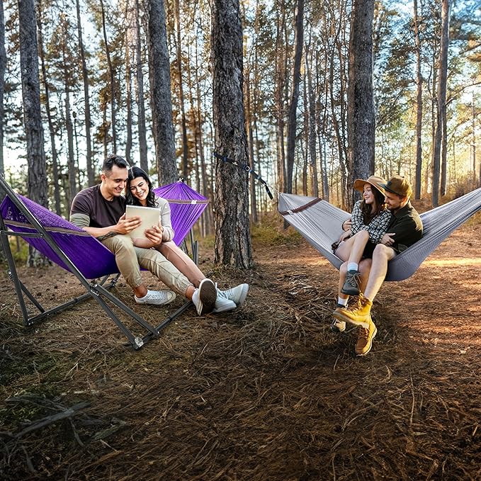Tranquillo Combo x2 Hammocks with Stand for Outside & Tree Straps, Heavy Duty Hammock with Stand 600lbs for Indoor Outdoor Patio Backyard, x2 Hammocks for 2 Person (Combo - Purple, Medium)