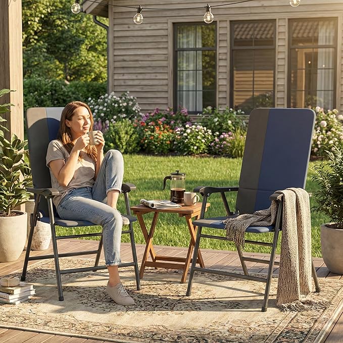Outsunny Folding Patio Chairs Set of 2, Padded High Back Folding Lawn Chairs with Armrests, 600D Oxford Fabric, Portable Outdoor Camping Chair Set for Deck, Garden, Backyard, Dark Blue
