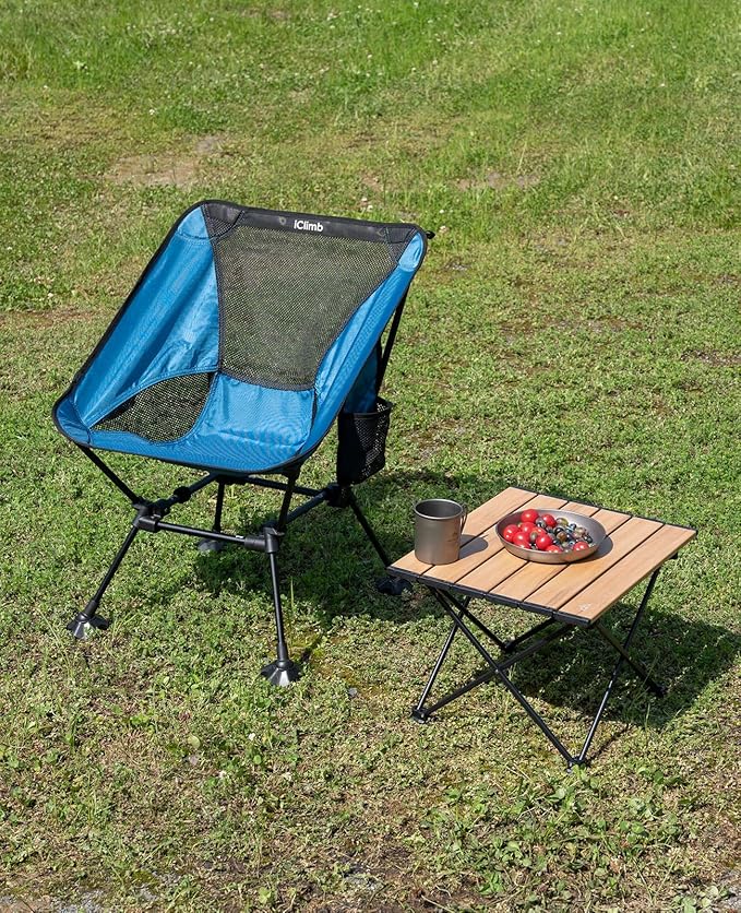 iClimb Ultralight Compact Camping Folding Beach Chair with Anti-Sinking Large Feet and Back Support Webbing (Blue - Square Frame - 2PC)