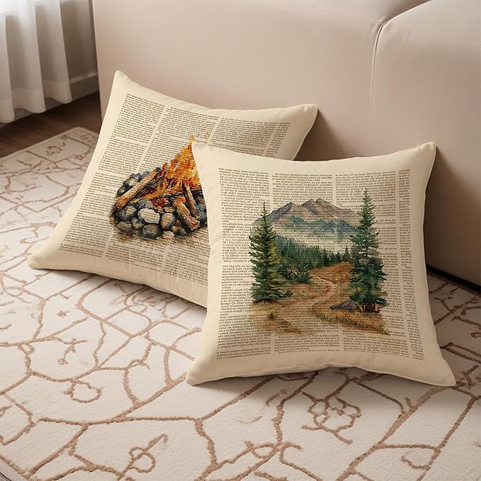 Nature Adventure Camping Pillow Covers 18x18 Set of 2, Gifts for Hiking Camping Lovers, Vintage Campfire Mountain Decorative Throw Pillow Covers for Couch Sofa Bedroom Living Room Home