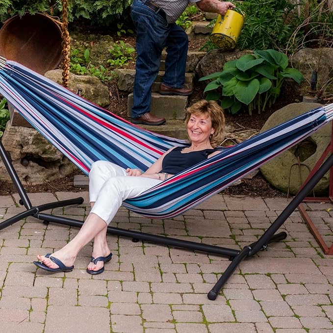 Vivere Double Cotton Hammock with Space Saving Steel Stand, Upgraded Polyester End Strings 450 lb Capacity - Premium Carry Bag Included (Denim)