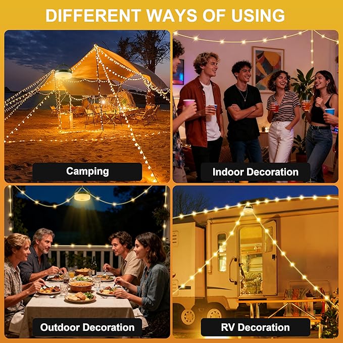 Camping String Lights, 4 in 1 Quick Storage 33FT Rechargeable Tent Lights with 9 Lighting Modes, Hanging Waterproof Portable Retractable LED Lamp for Outdoor, Patio, RV, Awning, Garden, Party