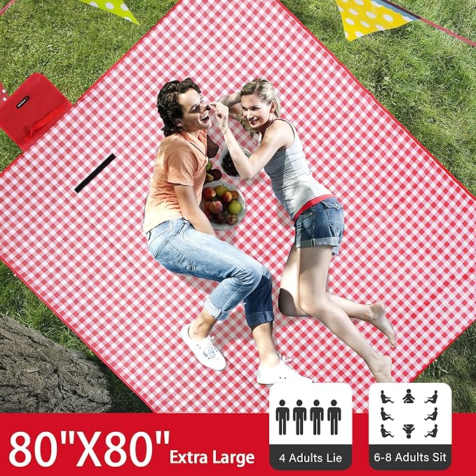 HX&OD Outdoor Picnic Blanket 80"X80" Picnic Mat Extra Large Camping Blanket Beach Blanket Foldable Waterproof Sand Mat Hiking Travel Family Concerts(Red)