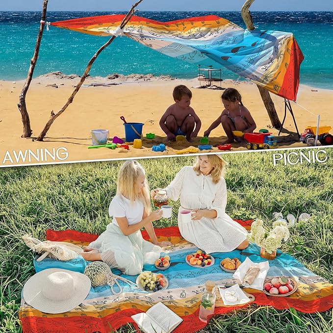 BYDOLL Beach Blanket Waterproof Sandproof Large Sand Free, 78''X81'' Oversized Sandless Lightweight Blanket Picnic Mat for Beach Travel Camping Hiking with Stakes