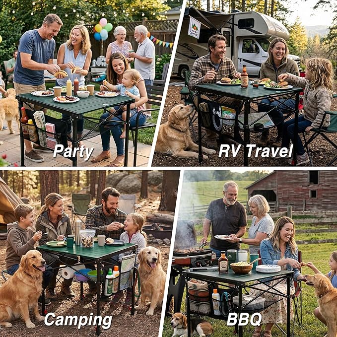 Camping Table Portable Foldable with Adjustable Height, Lightweight Collapsible Aluminum Roll-Up Camp Table with Storage Bag & Carry Bag, Heat-Resistant for RV Picnic BBQ Camping (Large 28"×25")