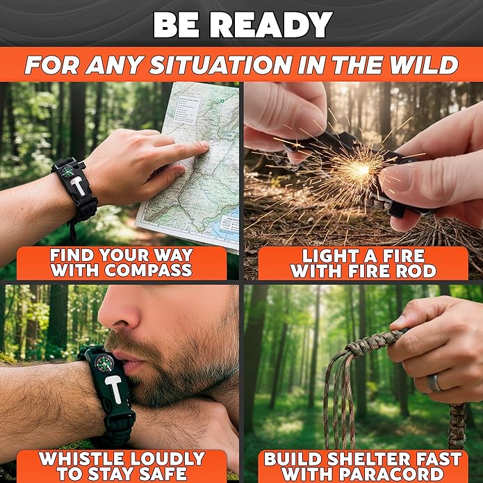 Paracord Bracelets for Men and Women – Adjustable Survival Paracord Bracelet with 10 ft Nylon Survival Cord, Flint Fire Starter, Compass, Whistle & Scraper – Gear for Camping, Hiking, Fishing & Travel