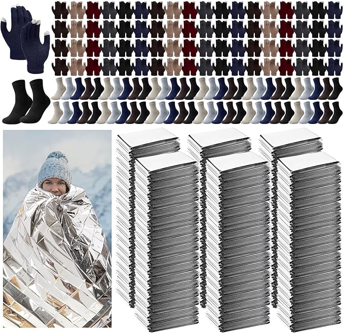 180 Pcs Homeless Care Package Supplies Bulk Winter Emergency Thermal Blankets Warm Socks Touchscreen Gloves Space Blanket Survival for Cold Weather Outdoor for Men Women(Multi-Color)