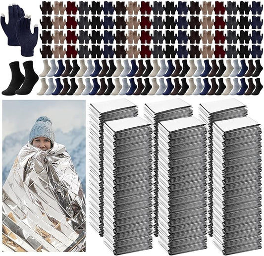 180 Pcs Homeless Care Package Supplies Bulk Winter Emergency Thermal Blankets Warm Socks Touchscreen Gloves Space Blanket Survival for Cold Weather Outdoor for Men Women(Multi-Color)