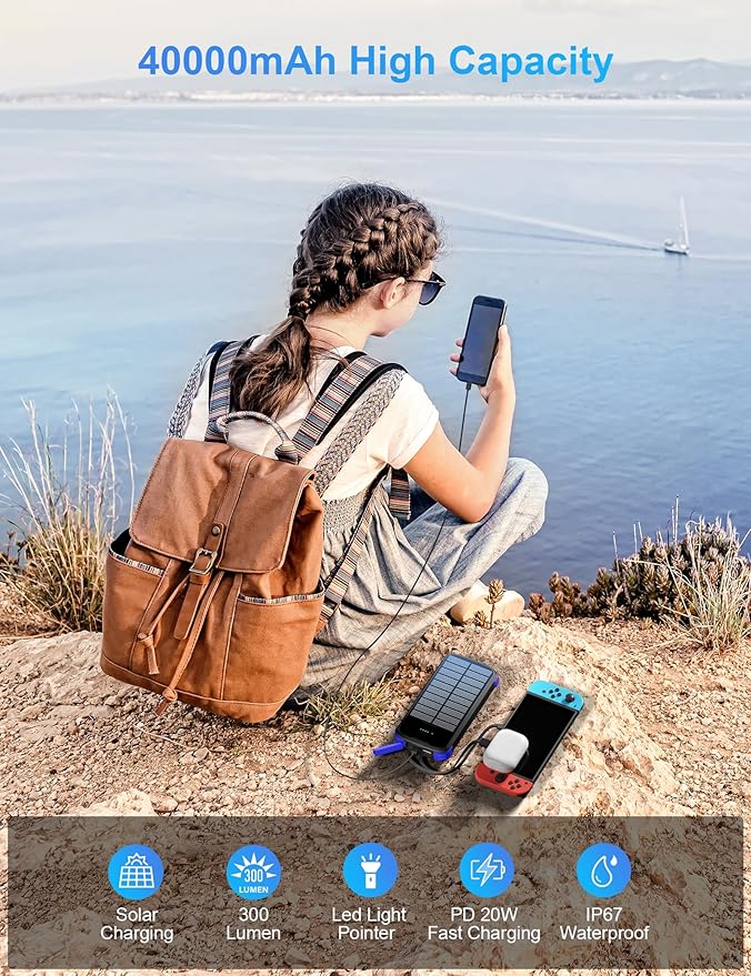 Solar Charger Power Bank, PD 20W Fast Charging External Batter, 40000mAh Portable Phone Charger Built in 4 Cables with Dual Bright Flashlights for Camping, Hiking, and Outdoor Use (Blue)