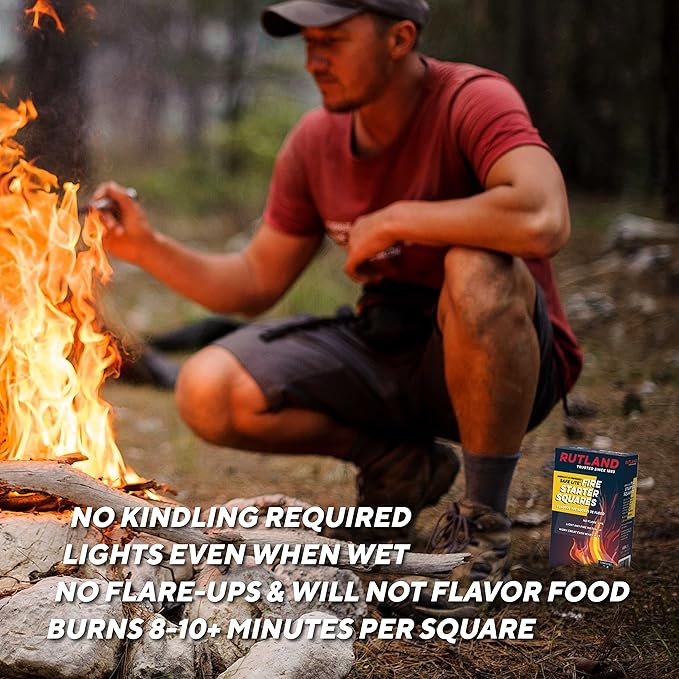 Rutland Safe Lite Fire Starter Squares - Heavy Charcoal Starters for Fireplace, Grill Pit, BBQ & Campfires - USA-Made Camping Accessories - Odorless Long Burn - 24 Squares