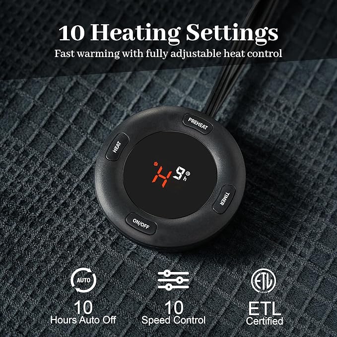 Texciting Electric Blanket Queen Size 84''X90'' - Heated Blanket with Dual Control Fast Heating 10 Heating Levels & 10 Hours Auto Off,ETL Certified Machine Washable (Black)