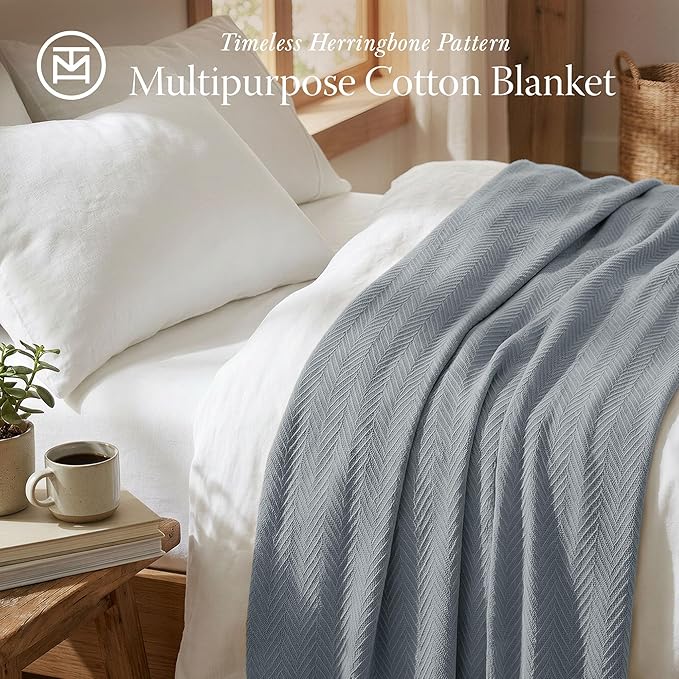 Threadmill Luxury Cotton Blankets for Queen Size Bed | All-Season 100% Cotton Queen Size Blanket | Herringbone Cozy, Soft Breathable Fall Thermal Blanket fits Full Size Bed | Scottish Grey
