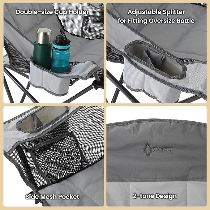 ARROWHEAD OUTDOOR Oversized Folding Camp Chair w/Adjustable Double Sized Cup Holder, Mesh Sides, Inner Pockets, Carry Bag, 300 LBS Weight Capacity