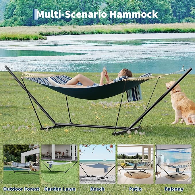Double Hammock with Stand - Heavy Duty Portable 2 Person Design with Adjustable Steel Stand, Max 450LBS, Ideal for Outdoor Patio, Garden, Beach & Backyard