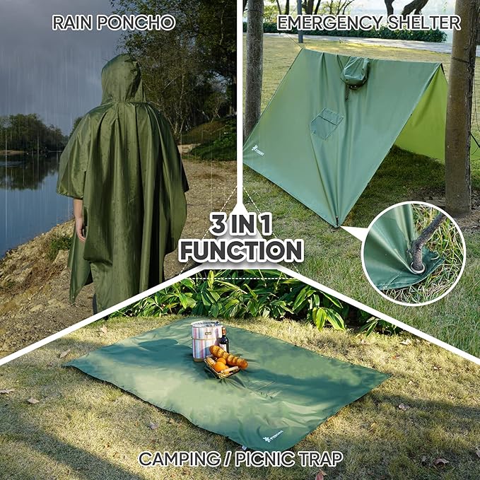 PTEROMY 3-in-1 Hooded Rain Poncho for Adult with Pocket, Waterproof Lightweight Unisex Raincoat for Hiking Camping Emergency