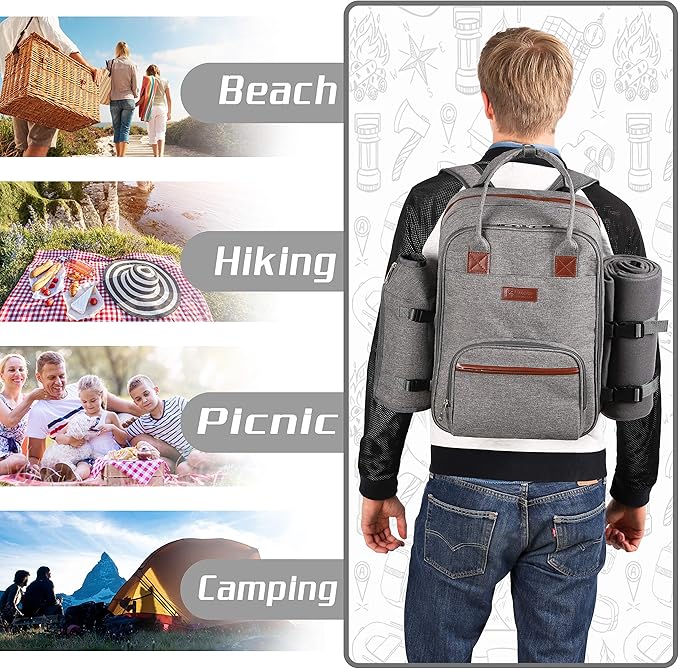ALLCAMP OUTDOOR GEAR Picnic Backpack for 4 Person W/ Detachable Wine Holder, Insulated Food Compartment and Picnic Cutlery for Family Outdoor Camping and Gift (Grey)