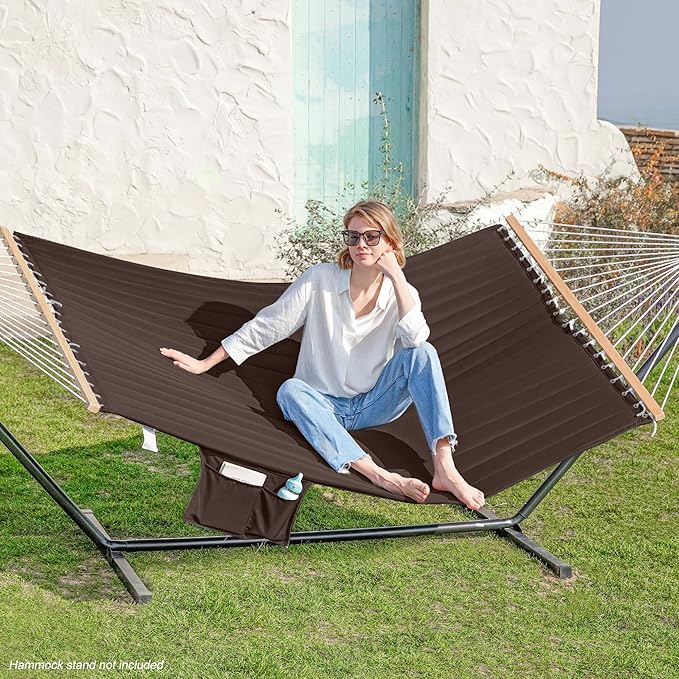 GAFETE 2 Person Hammock with Stand for Outside, Heavy Duty Steel Stand, Double 55inch Hammocks, Large Removable Pillow, Storage Bags, Max 475 lbs Capacity (Brown)