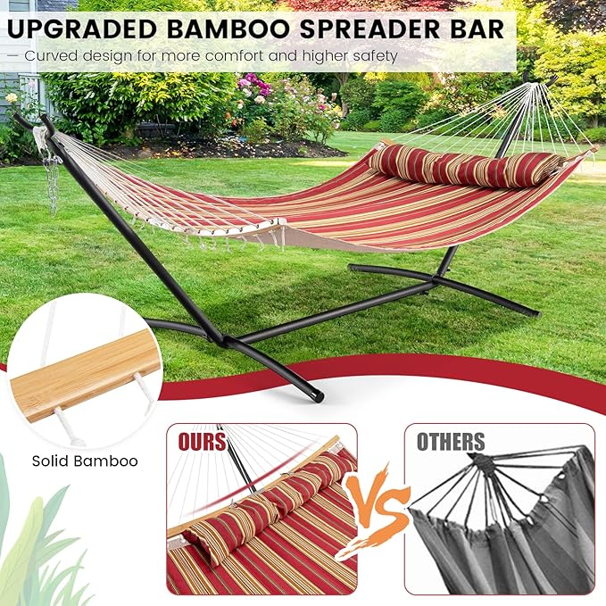 Tangkula 11FT Double Hammock, Heavy Duty Outdoor Hammock with Curved Spreader Bars, Detachable Pillow, 2 Person Hammocks for Outside, Porch, Patio (Red)
