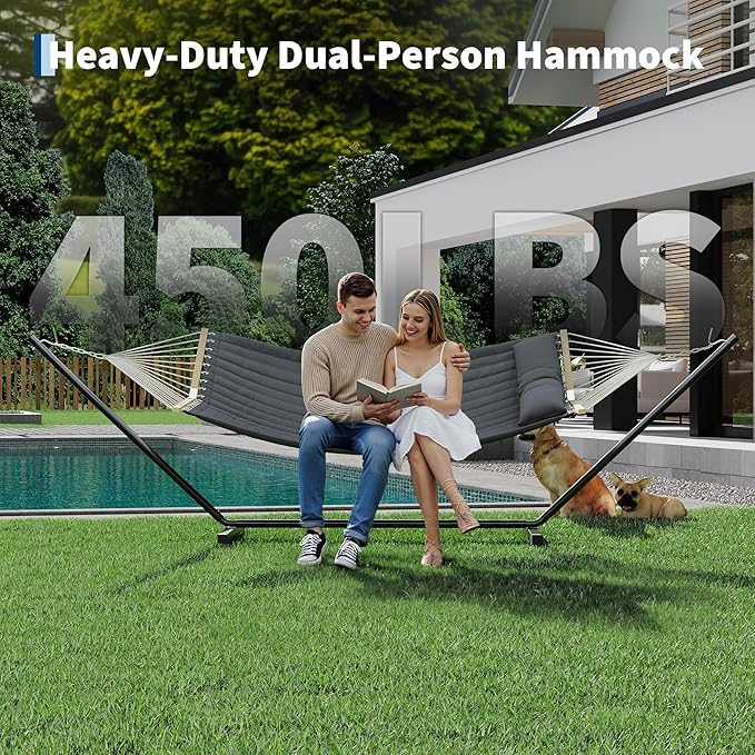 Garvee 2 Person Outdoor Hammock with Stand, Heavy Duty Portable Double Hammock with Balance Rope, MAX 450 LBS Capacity for Patio, Backyard, Garden, Beach