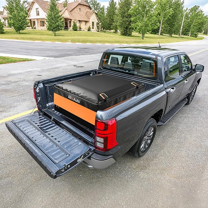 [High Visibility] Waterproof AlltoAuto Truck Bed Bag with Orange Safety Trim, 26 CuFt Heavy Duty Cargo Carrier for Pickup Truck, Weatherproof Storage Bag for Camping & Road Trips