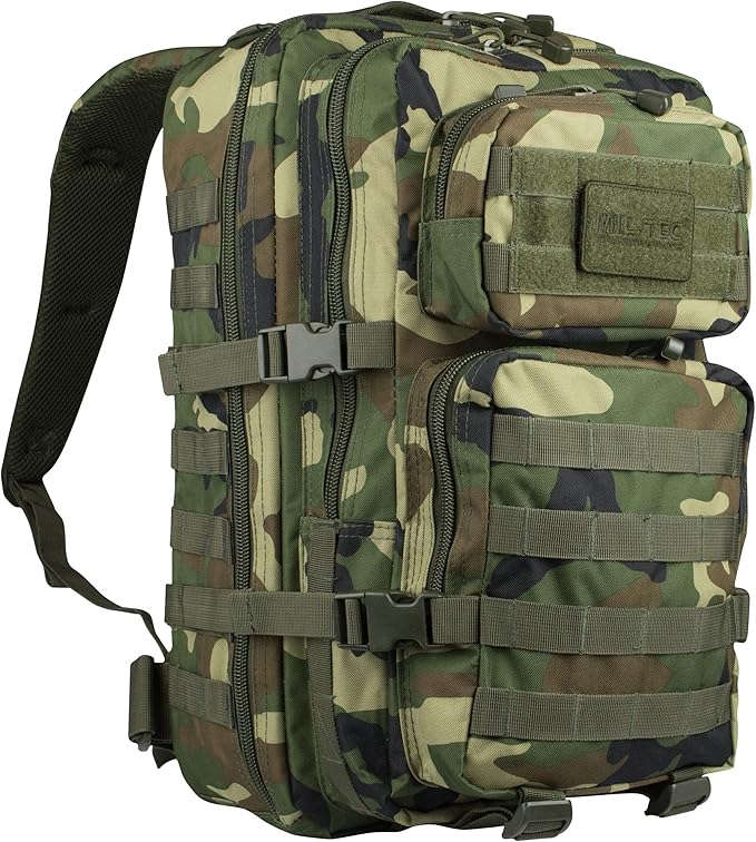 Mil-Tec Unisex Assault Pack - Rugged Durable Lightweight Ergonomic Versatile Tactical Outdoor Camping Hiking Backpack with Adjustable Padded Shoulder Straps & MOLLE Loops, Woodland Camo, 36L