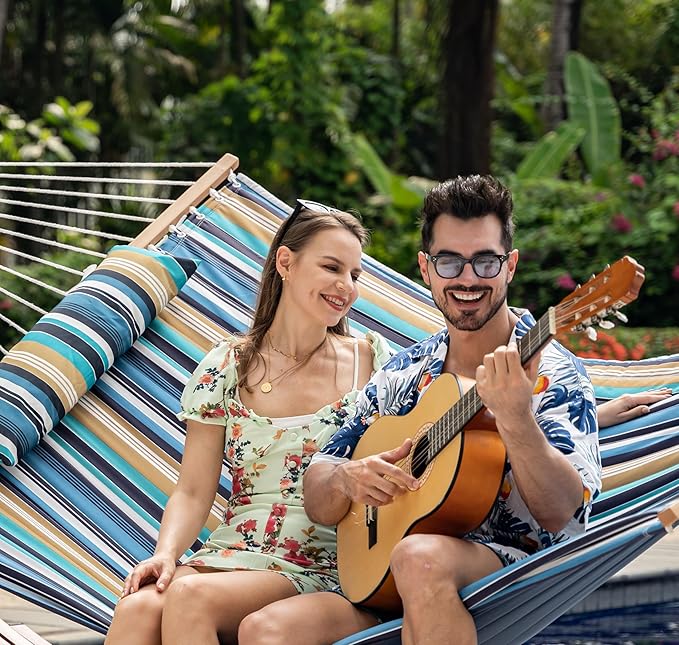 Lazy Daze Hammocks 2 Person Hammock with 12FT Stand for Outside, Quilted Double Hammock with Detachable Pillow, Balance Strap & Carrying Bag Included, 450lbs Capacity, Beach Stripes
