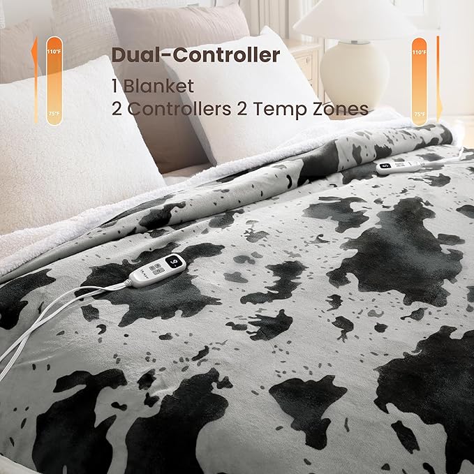 Heated Blanket King Blanket - Fast Heating Electric Blanket, Soft Flannel Heated King with 4 Time Settings,10 Heating Settings, Warm Gifts for Women & Mom & Grandma(90"x100"Cow Print Grey)
