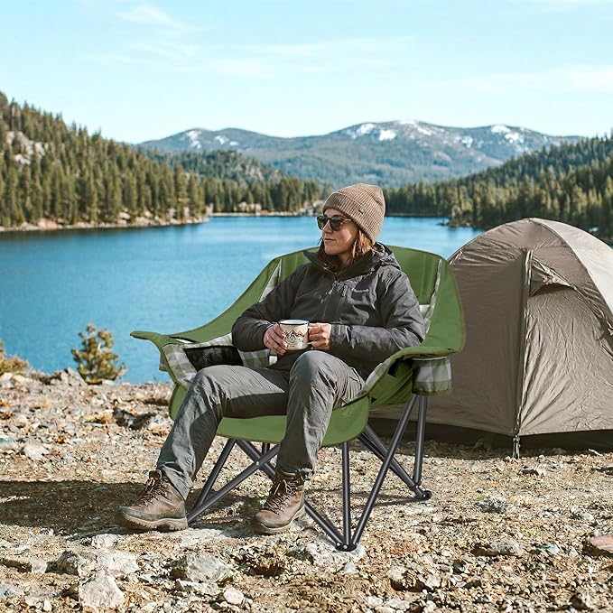 Youtanic Padded Camping Chairs for Adults, Heavy Duty 400 lbs Foldable Lawn Chair, Oversized Ergonomic Outdoor Seat with Classic Plaid Design, Cup Holders & Storage Pockets for Fishing, Sports, Green