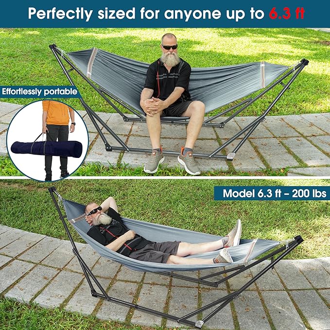 Tranquillo Adjustable Hammock Stand 600 lbs Capacity, Collapsible Camping Hammock and Stand, Double Hammock with Stand for 2 Persons, Quick & Easy Assembly Garden Yard Patio Lawn, Grey