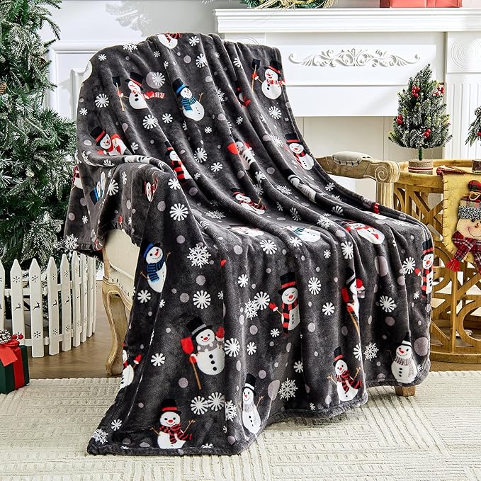 Edenleaf Grey Christmas Throw Blanket - Soft Warm Cozy Fleece Winter Throw, Holiday Blanket with Snowman & Snowflake Design, 60x80 Inches,Grey