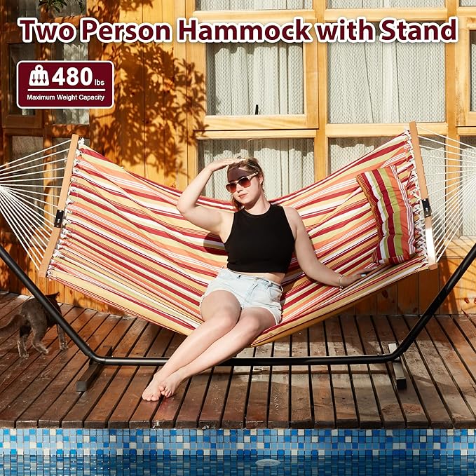 Homgava Two Person Hammock with Stand for Outside Heavy Duty, Outdoor Patio Hammock with Portable Steel Stand, Large Double Hammocks,480lbs Capacity.(Red)