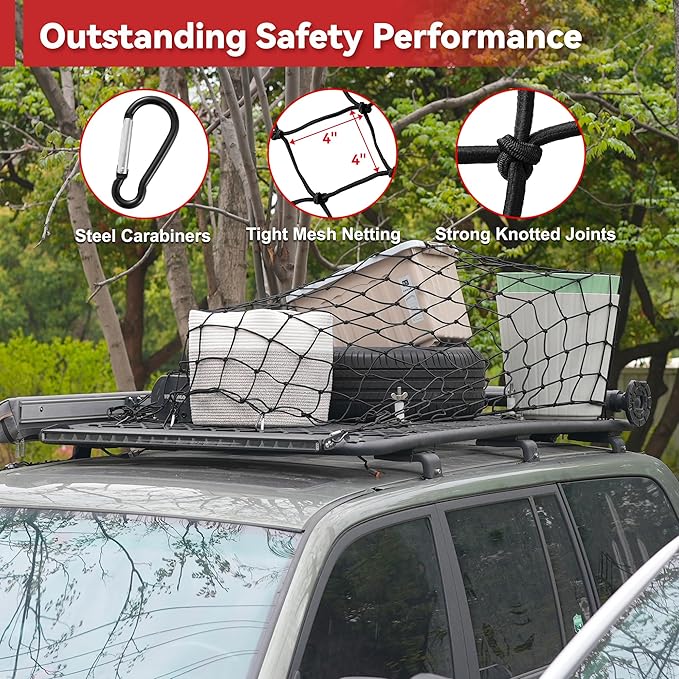 Reniteco Heavy-Duty 3'x4' Cargo Net Stretches to 6'x8' - Secures Heavy Loads with 12 Metal Carabiners, 4"x4" Mesh, Weather-Resistant & Includes Storage Bag for Trucks, SUVs, Jeeps, Trailers & Boats
