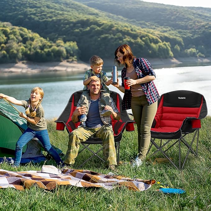 Youtanic Oversized Camping Chair, Portable Folding Camping Chairs with Side Pocket, Cup Holder and Carry Bag, Heavy Duty Outdoor Camping Chairs for Adults, Fishing, Sports, Trip, up to 400lbs, Style 5
