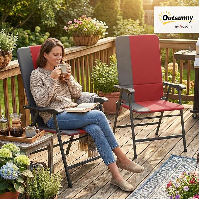 Outsunny Folding Patio Chairs Set of 2, Padded High Back Folding Lawn Chairs with Armrests, 600D Oxford Fabric, Portable Outdoor Camping Chair Set for Deck, Garden, Backyard, Red