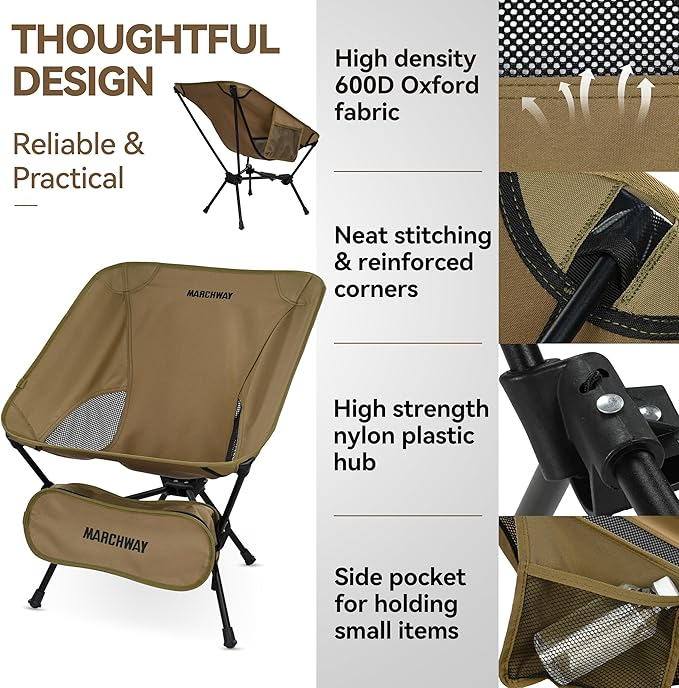MARCHWAY Lightweight Folding Camping Chair with Spring Lock, Stable Compact Portable for Outdoor Camp, Travel, Beach, Picnic, Festival, Hiking, Backpacking (Lowback Khaki)