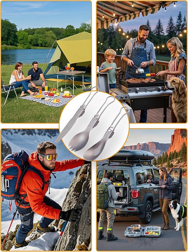 DWLXVJA Titanium Camping Utensils Set, 3-Piece Foldable Spork Spoon Knife with Case, 0.15lb Lightweight Travel Flatware for Backpacking Outdoor Hiking Office Lunch, Reusable Eco-Friendly Gift