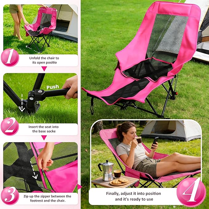 Hot Pink Reclining Camping Chair with Footrest, Portable Folding Lounge Chair, 4-Position Adjustable Folding Camping Chair With Headrest & Storage Bag for Outdoor Lawn, Hiking, Picnic, Fishing